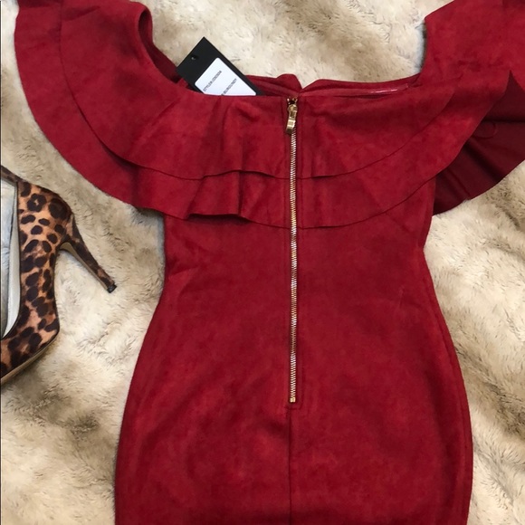 #58 RED FAUX SUEDE OFF SHOULDER DRESS - Picture 7 of 9